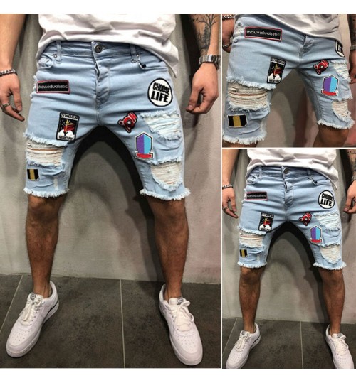  Jeans Shorts Men Fear Of God Cool Street Clothes Mens Jeans Stretchy Ripped Skinny Biker Jeans Destroyed Taped Denim Shorts